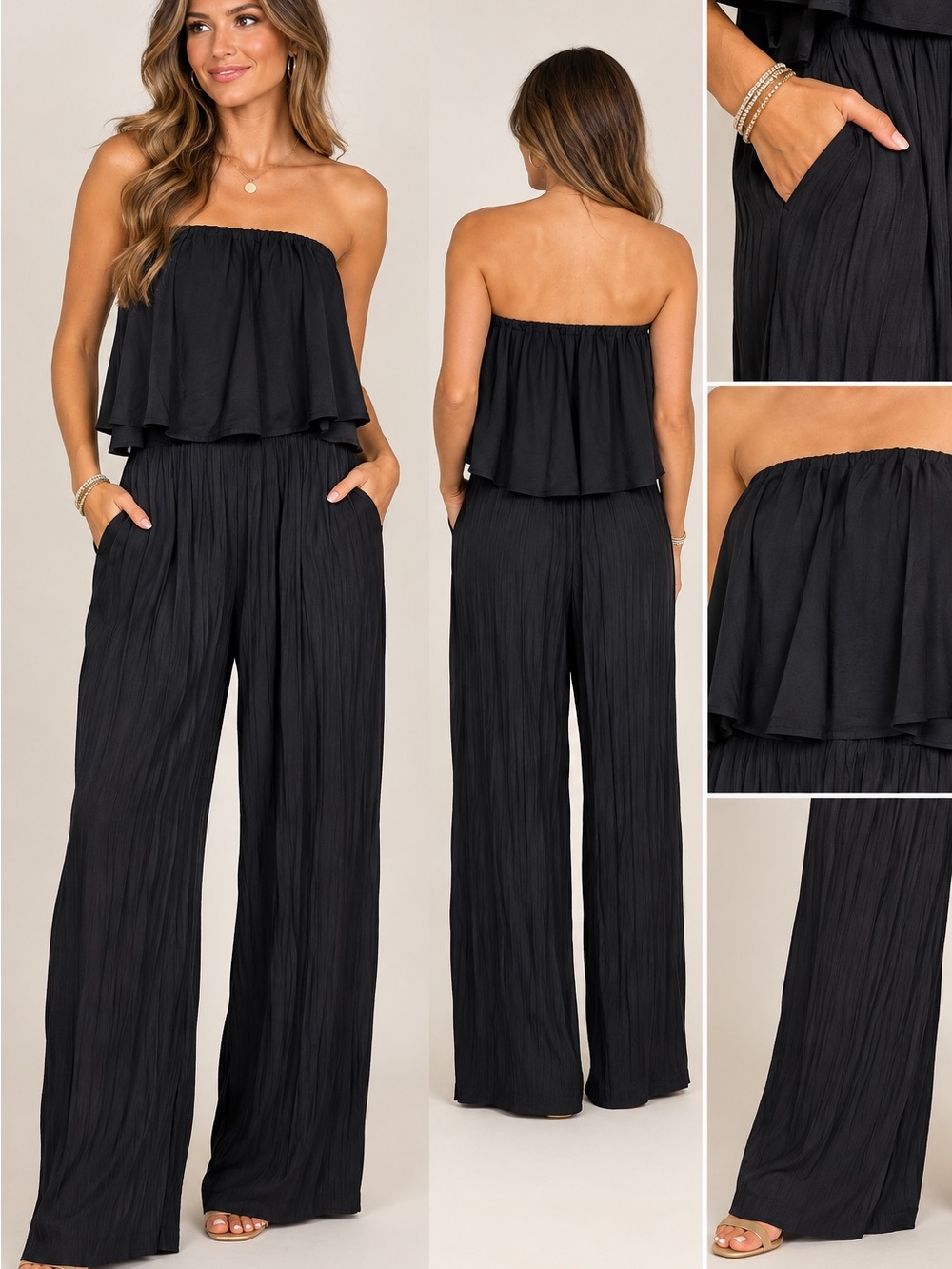 Versona Black Strapless Ruffle Wide-Leg Jumpsuit